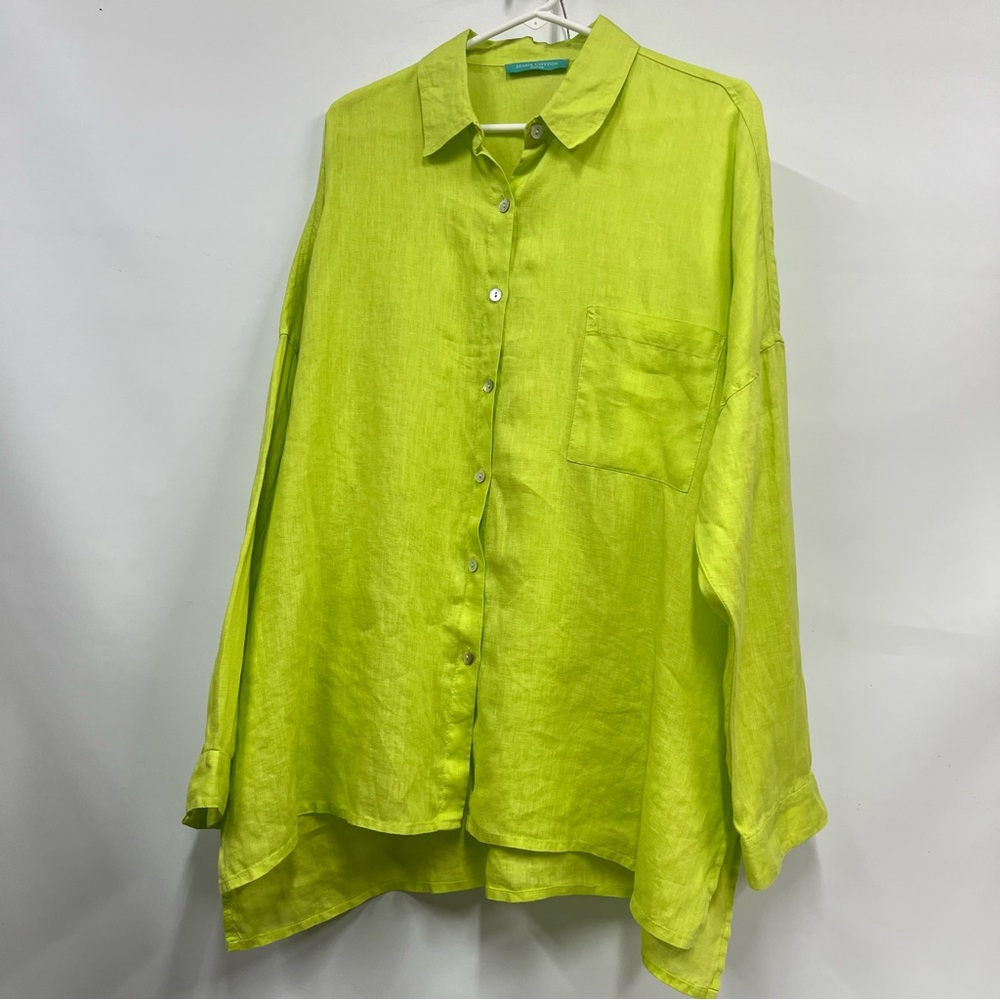 Haris Cotton Curve L solid 100% linen gauze Bright Lime Green Button-Up Shirt
